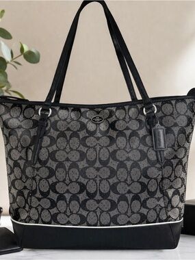Coach Signature Jacquard Tote Black Grey Leather Trim Large Zip Shoulder Bag EUC